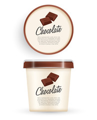 White Plastic Bucket With Brown Lid : Chocolate Ice cream or Yogurt Container : Vector Illustration