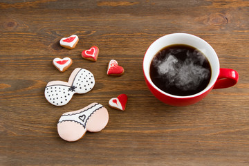 Heart cookies with cup of coffee, toned