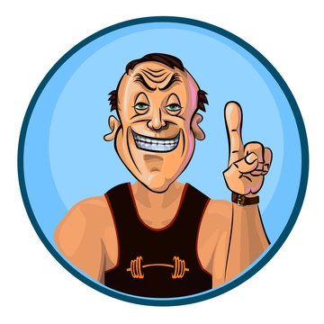 Vector image of smiling trainer holding his index finger up