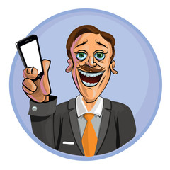 Vector image of an office worker holding a smartphone