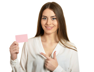 woman and empty blank card 
