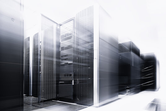 ranks modern supercomputers in computational data center with motion black and white