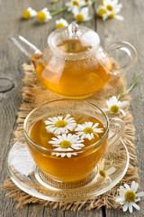 Herbal chamomile tea in glass cup