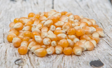 Raw popcorn over wooden background
