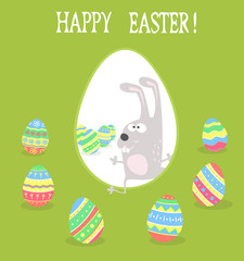 Banner for design posters or invitations on Happy Easter's Day with funny rabbit and hand drawn decorated eggs. Vector illustration.