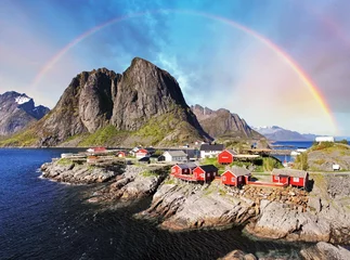Gordijnen Lofoten Norwegian fishing village huts with rainbow, Reine, Lofoten Isla  © TTstudio