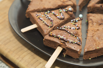 Triangle shaped chocolate cake close up