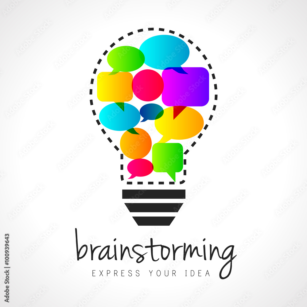 Aufkleber abstract brainstorming illustration with lightbulb and colorful speech bubbles inside