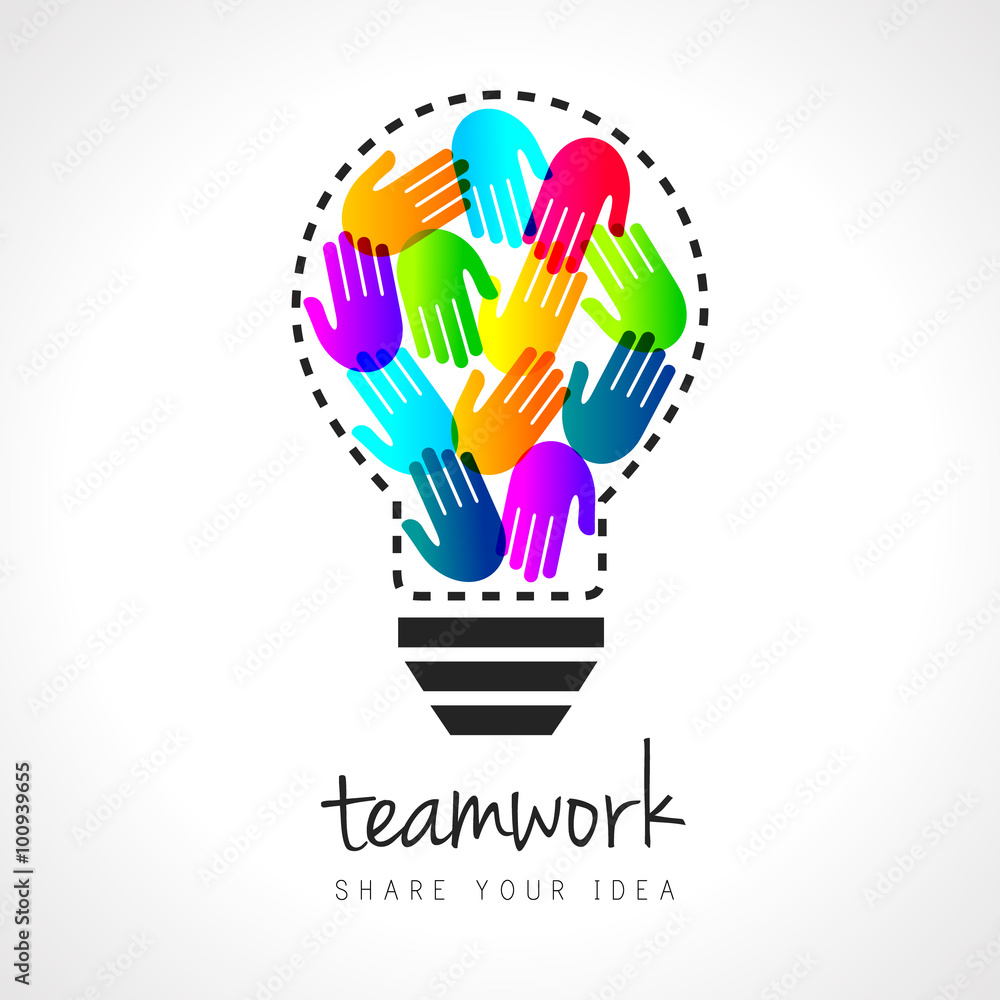 Poster abstract teamwork concept with lightbulb and colorful handprints inside