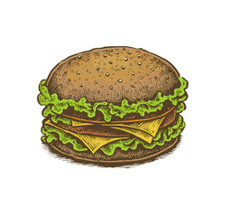 Colorful vintage style hand drawn cheeseburger.