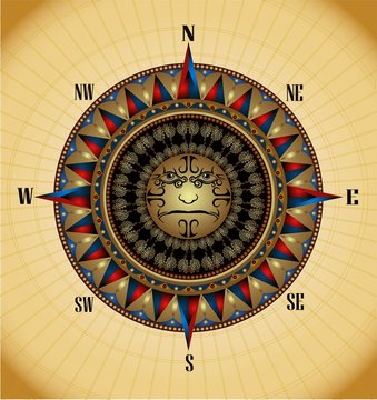 gold compass with abstract face in centre on yellow bckground