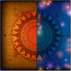 vintage compas on abstract space and old paper background 