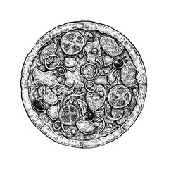 Black and white vintage sketchy style illustration of a pizza.
