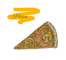 Colorful vintage sketchy style illustration of a cut pizza slice