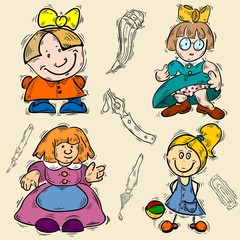 set of sketch dolls or girl