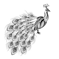 Patterned colored peacock. African / indian / totem / tattoo design. It may be used for design of a t-shirt, bag, postcard and poster.