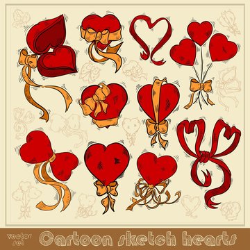 set of cartoon valentine hearts with golden ribbins icons 