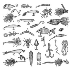 Obraz premium Set of black and white vintage sketchy style fishing lures.
