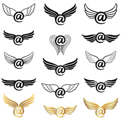 Email winged concept  golden and black collection. Mail icon set with wings