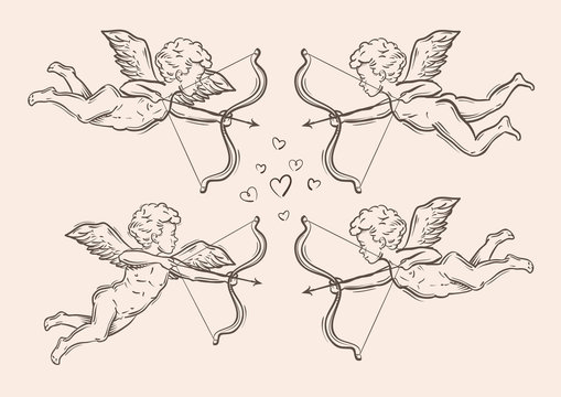 Valentines day. Vector hand drawn angel sketch and amur, cupid doodle