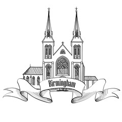 Birmingham city label isolated. Travel England sign. Famous english landmarks. Visit united Kingdom of Great Britain