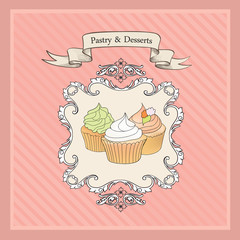 Vintage Cakes Background. Retro Bakery Label. Sweets and Dessert