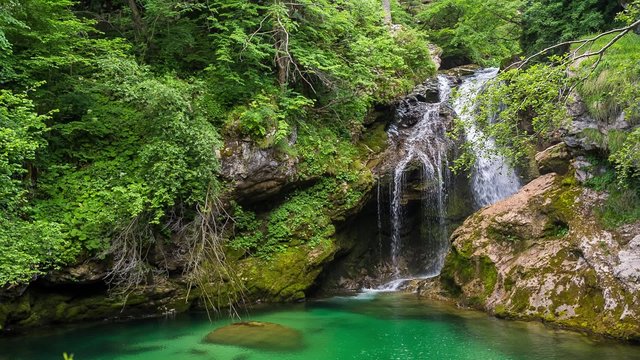 Loopable cinemagraph of raw footage of waterfall at the Vintgar gorge, beauty of nature, with river Radovna flowing through, near Bled, Slovenia