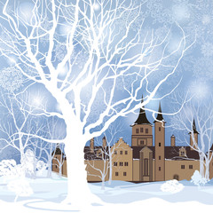 Winter landscape with snowy city park alleyway and old castle building. Cityscape over falling snow