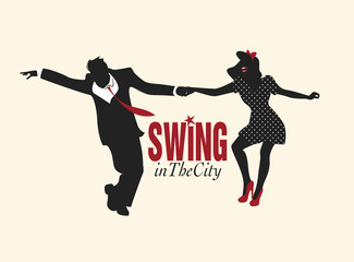 Handsome man and pin-up girl silhouettes dancing swing. Black silhouettes