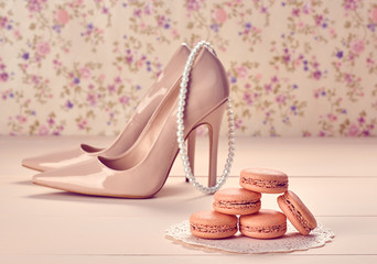 Woman essentials, fashion high heels. Macarons  