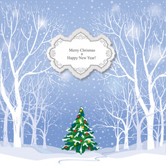 Christmas background. Snow winter landscape with trees in forest. Merry Christmas greeting card