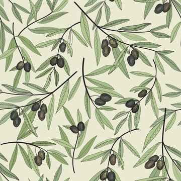 Olive seamless pattern. Hand drawn olive branch background. 