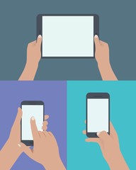 Flat design style modern vector illustration. set of hands holding digital tablet and mobile phone with blank screen in many hand position and many action. modern and nice color.