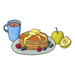 breakfast, pancakes with berries, coffee and apples