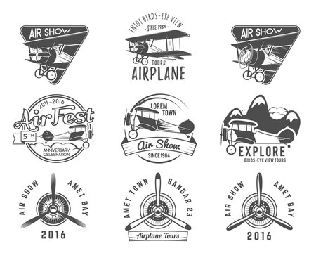 Vintage airplane emblems. Biplane labels. Retro Plane badges, design elements. Aviation stamps collection. Airshow logo and logotype. Fly propeller, old icon, isolated on white background. Vector