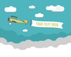 Vintage Airplane banner and travel infographics with empty form, poster for text, slogan, motivation signs. Retro biplane emblem. Aviation brochure, flyer. Travel company flyer layout template. Vector