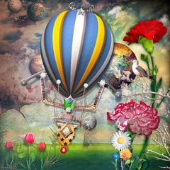 Zelfklevend Fotobehang Green field with tulips flowers and montgolfier © Rosario Rizzo