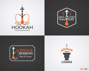 Set of Hookah relax labels, badges and design elements in 2 color variations. Vintage shisha logo. Lounge cafe emblem.  Arabian bar or house, shop insignia. Trendy palette. Isolated vector