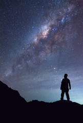 A person is standing and seeing Milky Way galaxy on night sky.