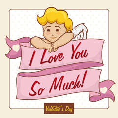 Blonde Cupid with a Long Ribbon and Love Message, Vector Illustration