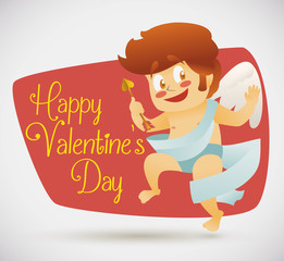 Funny Cupid in Retro Cartoon Style and Greeting Message, Vector Illustration