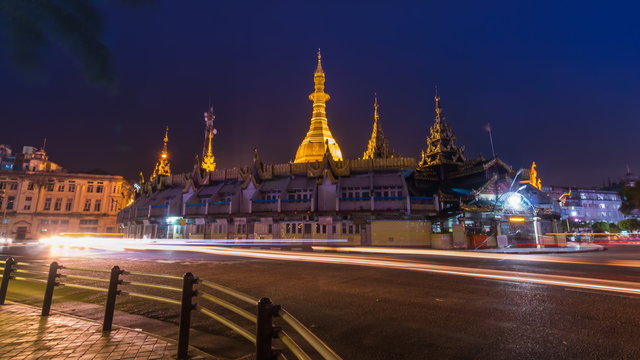 Sule Pagoda at Night Of Yangon, Myanmar (tilt up)