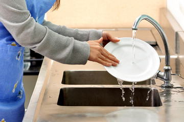 Woman washing dish in sink