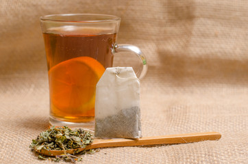 Cup of tea on wooden rustic background