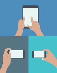 Flat design style modern vector illustration. set of hands holding digital tablet and mobile phone with blank screen in many hand position and many action. modern and nice color.