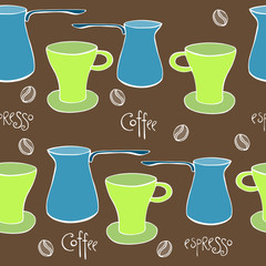 Cute coffee set. Vector seamless pattern.