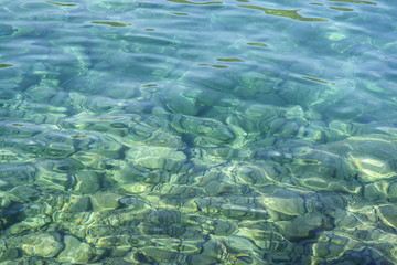 Azure, turquoise, amazing clear seawater of Adriatic Sea. Marine landscape. Flecks of sunlight in seawater