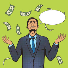 Businessman under the money rain pop art vector