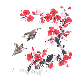 Traditional chinese painting Spring plum blossom and birds