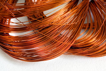 Close-up Skein cooper wire on white background. Copper wire winding, coil, spool section of the electric machine - generator or motor